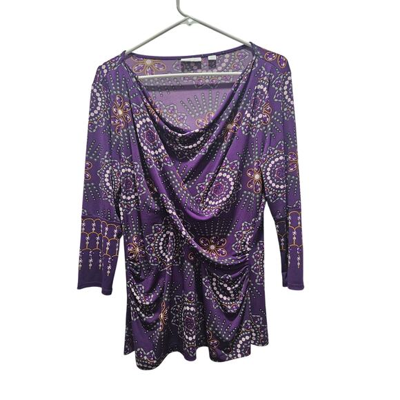 New York & Company Tops - New York & Co Purple Ruched Cowl Neck Top L Y2K Paisley Stretch Blouse